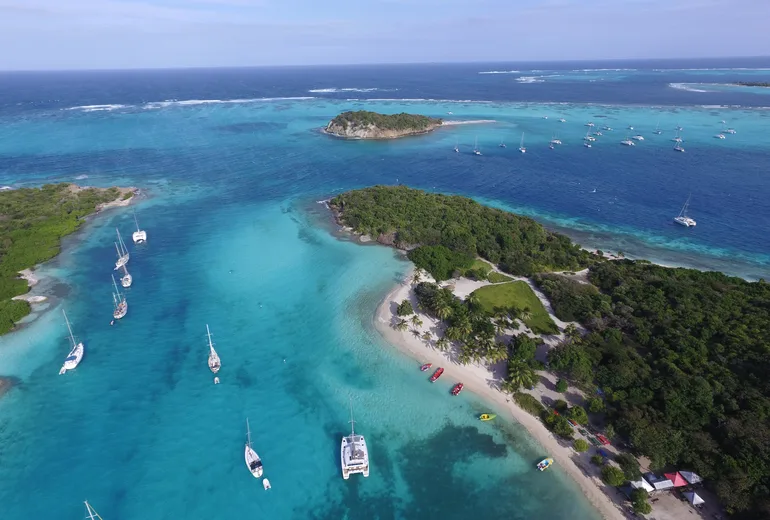 Yachts in the Tobago Cays anchorage in the Grenadines